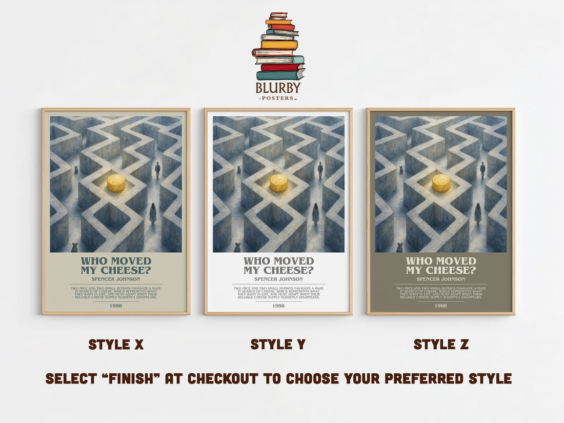 Who Moved My Cheese? bookish print in frame leaning in hallway – non fiction wall art (mockup)