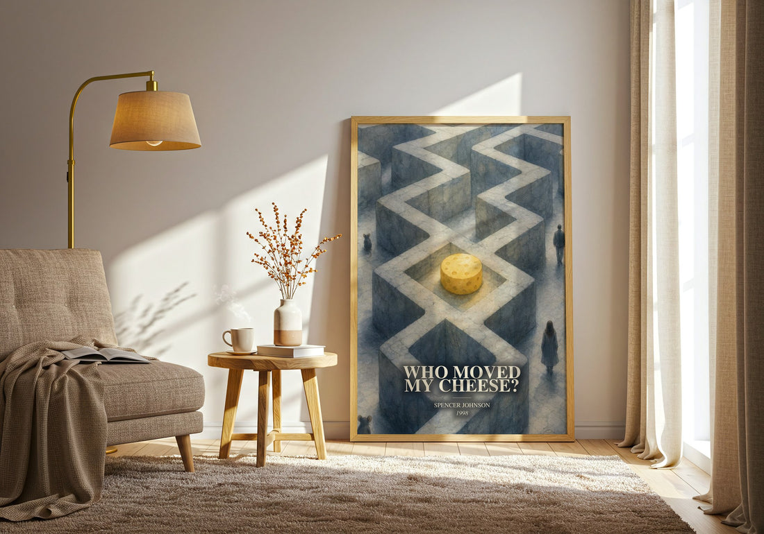 Who Moved My Cheese? watercolour print in frame leaning in hallway – non fiction wall art