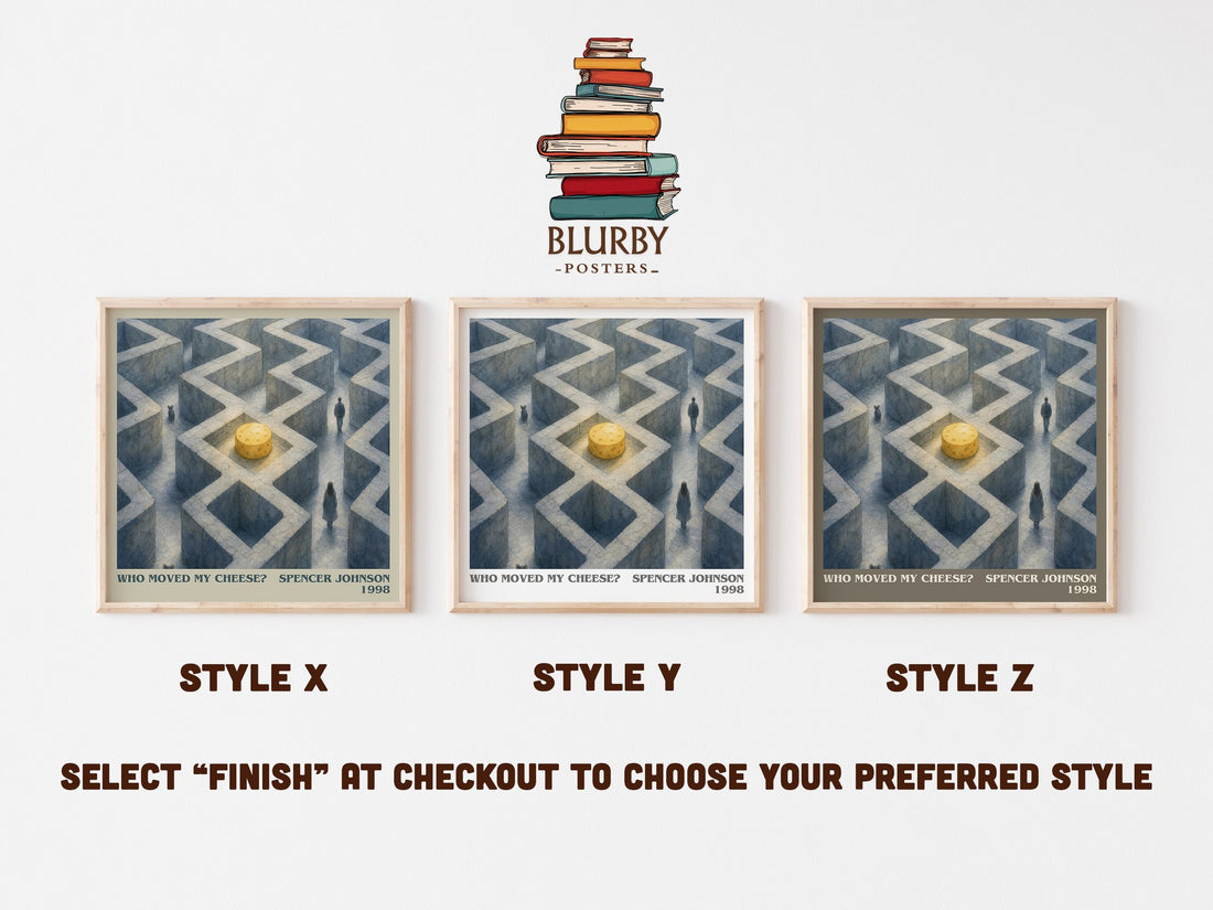 Who Moved My Cheese? literary print in frame leaning in hallway – non fiction wall art (mockup)