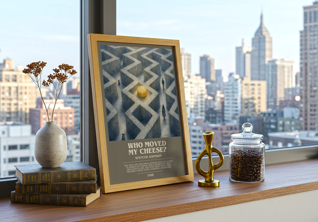 Who Moved My Cheese? bookish print framed by window – literary home decor