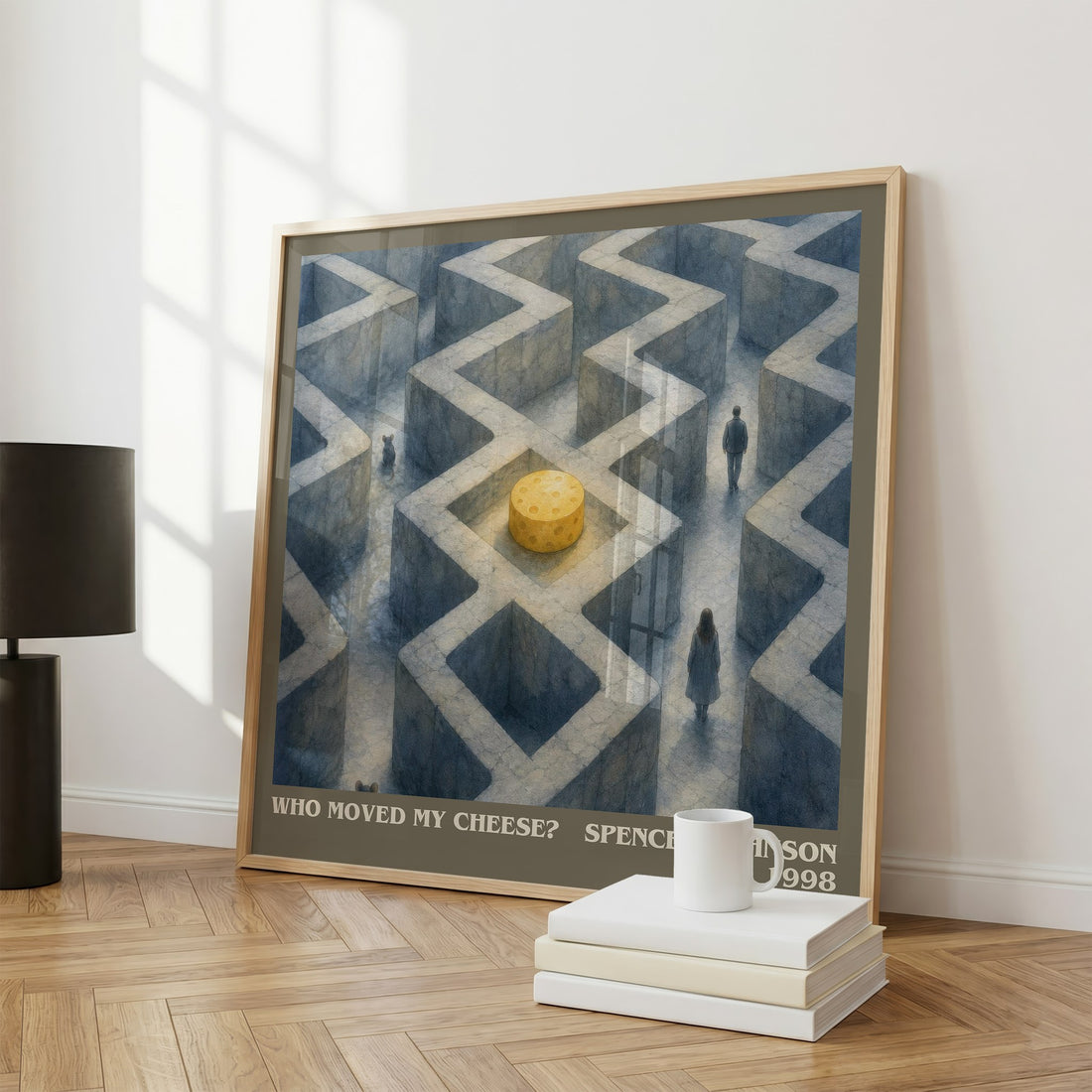 Who Moved My Cheese? literary print framed by window – literary home decor