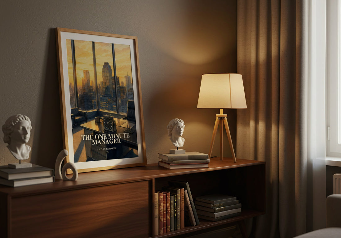 The one minute manager watercolour print on bookshelf – Spencer Johnson fan gift