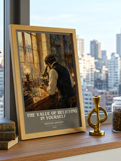 The Value of Believing in Yourself book cover print framed by window – literary home decor