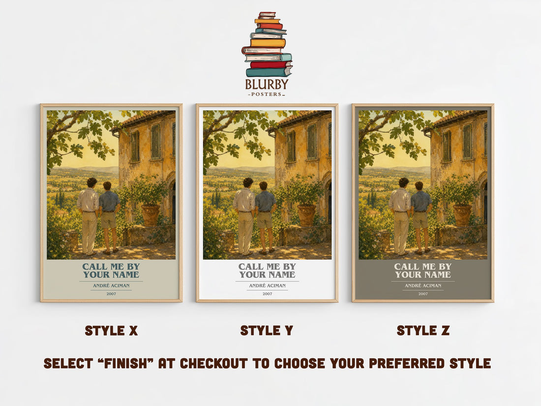 Call Me by Your Name book cover print in frame leaning in hallway – literary fiction wall art (mockup)