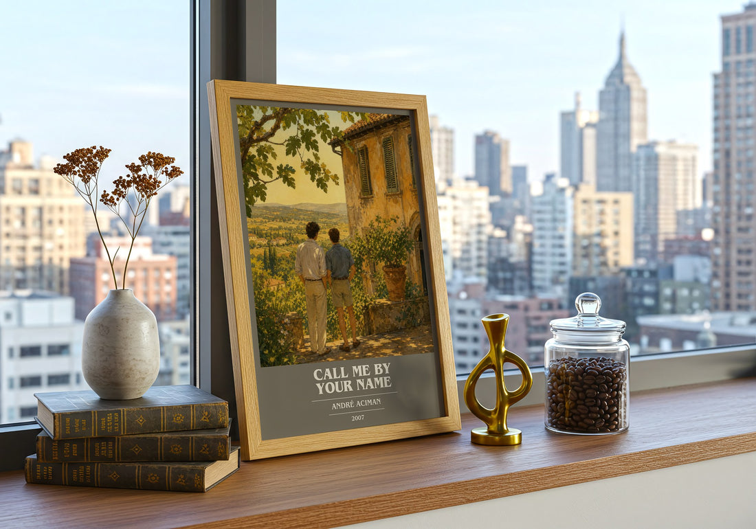 Call Me by Your Name book cover print framed by window – literary home decor