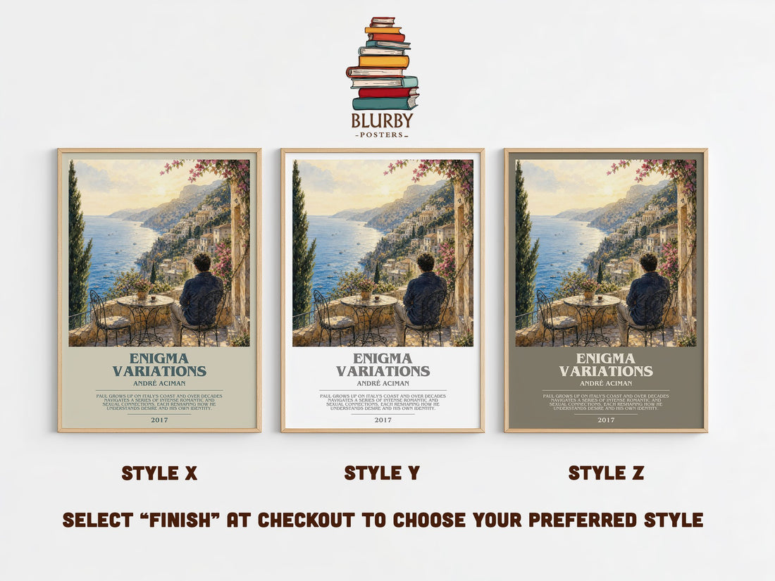 Enigma variations bookish print in frame leaning in hallway – literary fiction wall art (mockup)