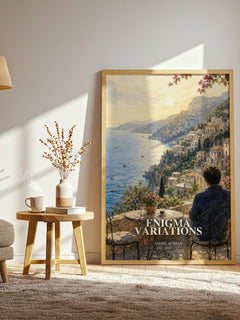 Enigma variations watercolour print in frame leaning in hallway – literary fiction wall art