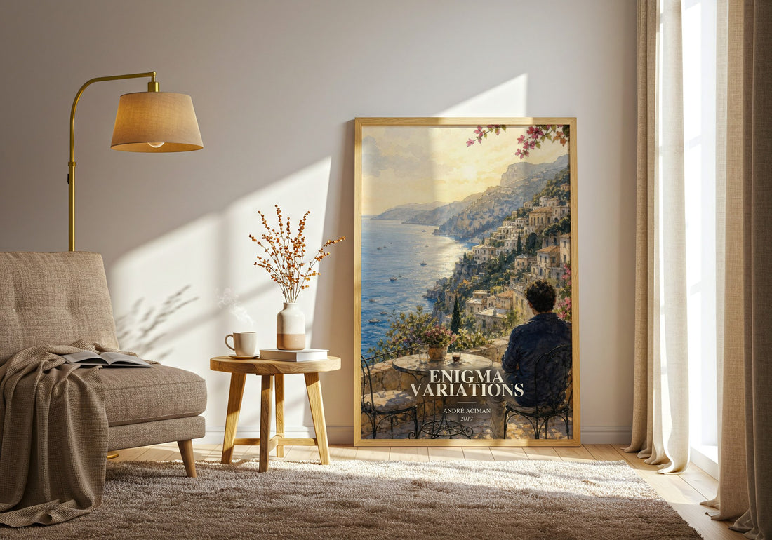 Enigma variations watercolour print in frame leaning in hallway – literary fiction wall art