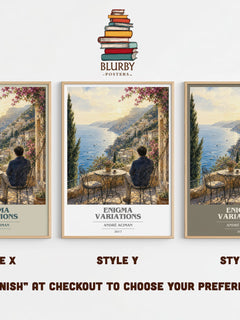 Enigma variations book cover print in frame leaning in hallway – literary fiction wall art