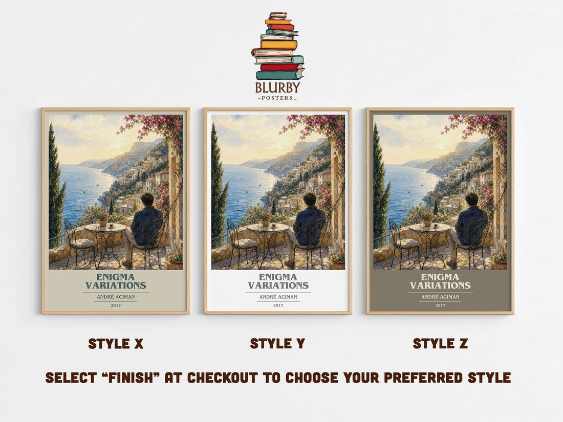 Enigma variations book cover print in frame leaning in hallway – literary fiction wall art (mockup)