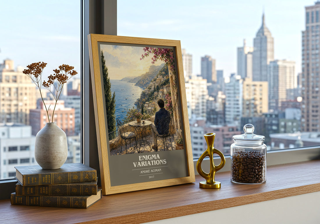 Enigma variations book cover print framed by window – literary home decor