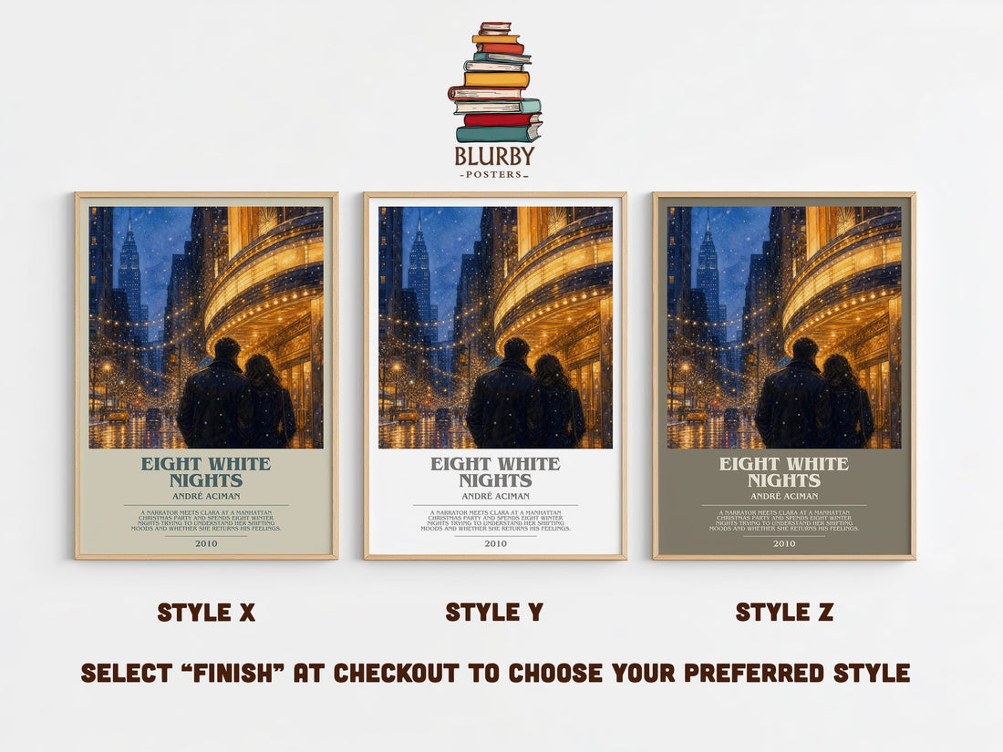 Eight white nights bookish print in frame leaning in hallway – literary fiction wall art (mockup)