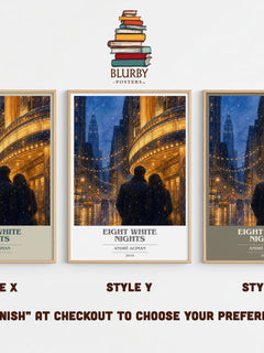 Eight white nights book cover print in frame leaning in hallway – literary fiction wall art
