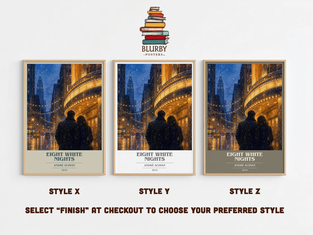 Eight white nights book cover print in frame leaning in hallway – literary fiction wall art (mockup)