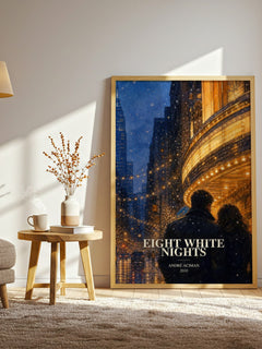 Eight white nights watercolour print in frame leaning in hallway – literary fiction wall art