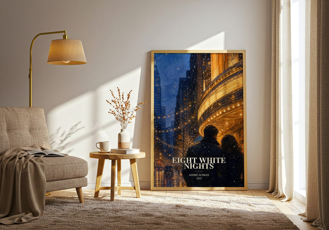 Eight white nights watercolour print in frame leaning in hallway – literary fiction wall art