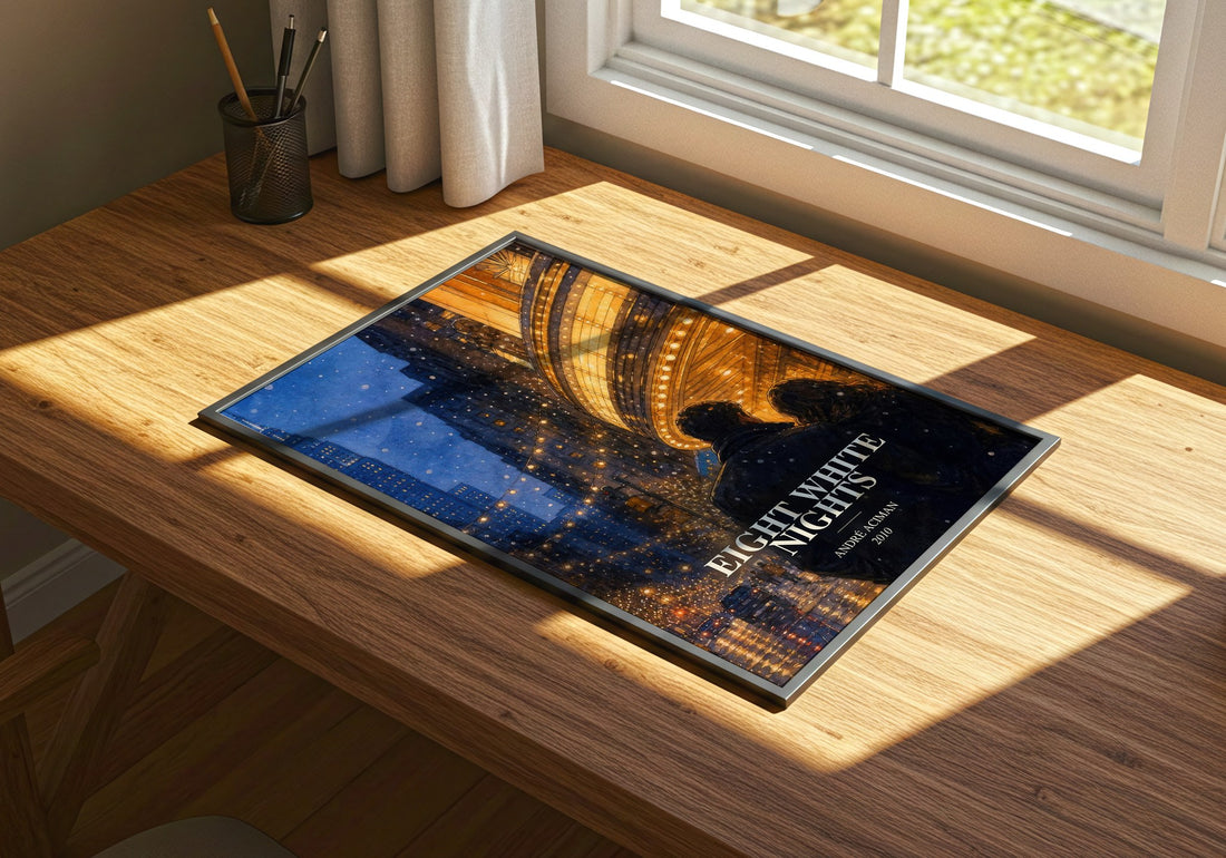 Eight white nights watercolour book poster framed on wall – literary fiction wall art