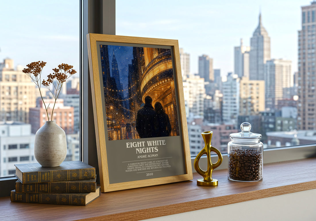 Eight white nights bookish print framed by window – literary home decor