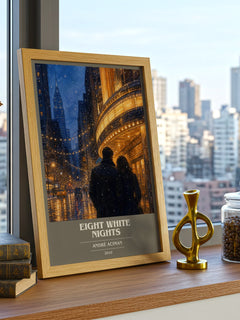 Eight white nights book cover print framed by window – literary home decor