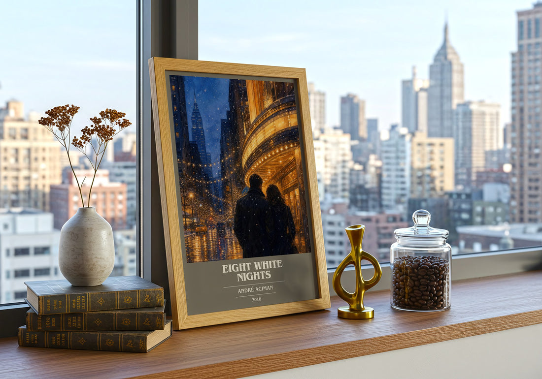 Eight white nights book cover print framed by window – literary home decor