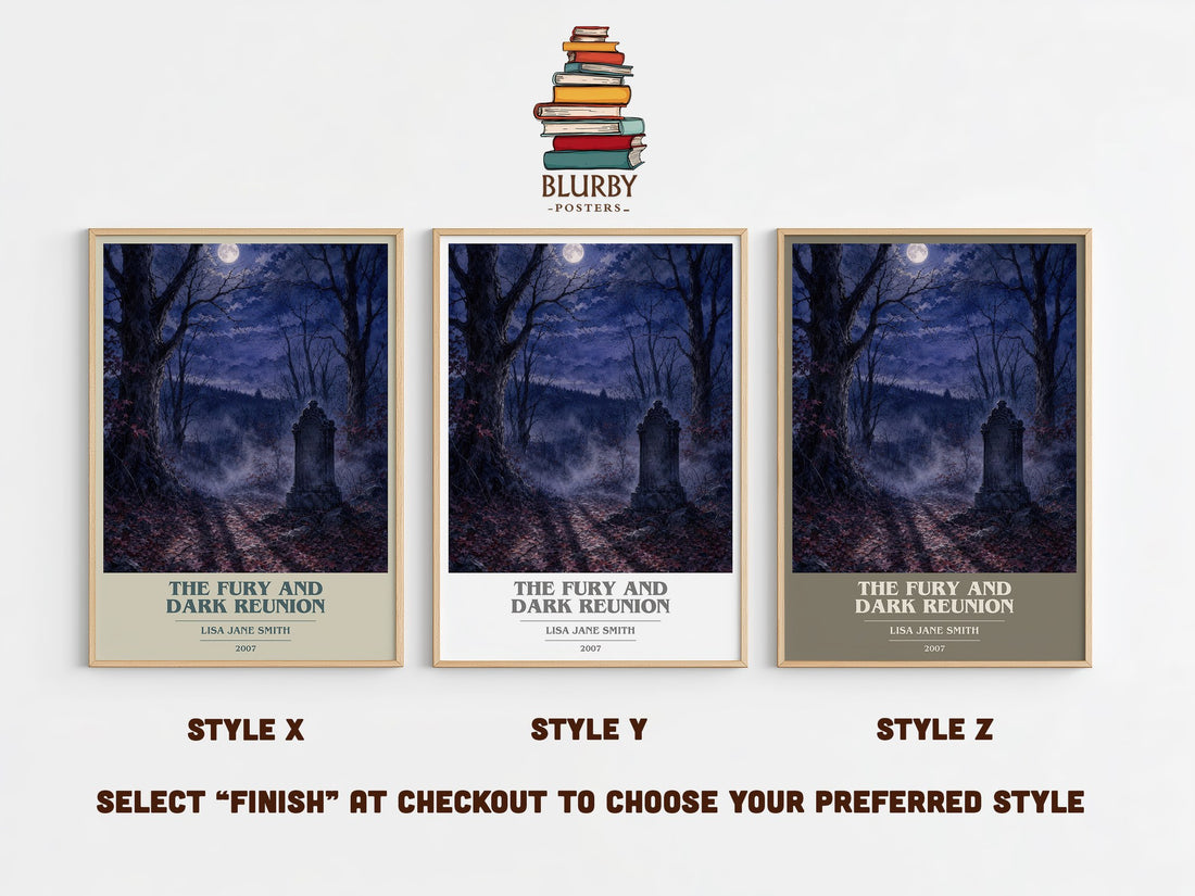 The Fury and Dark Reunion book cover print in frame leaning in hallway – young adult wall art (mockup)