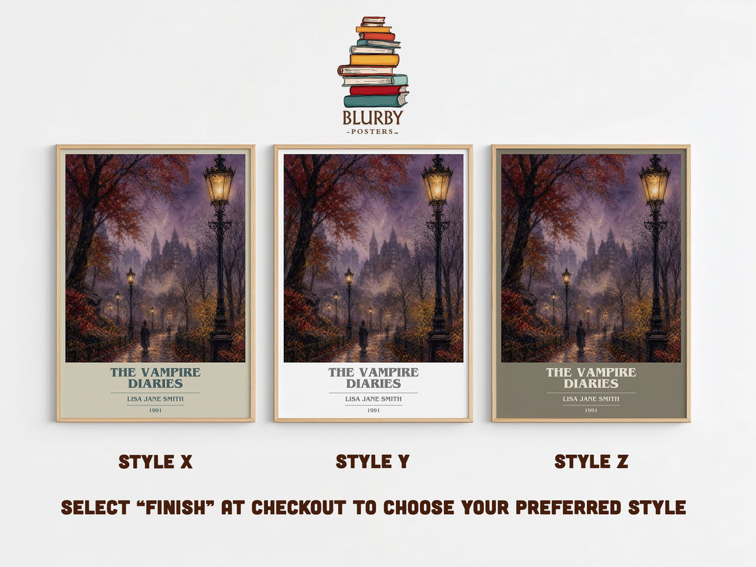 The Vampire Diaries book cover print in frame leaning in hallway – young adult wall art (mockup)