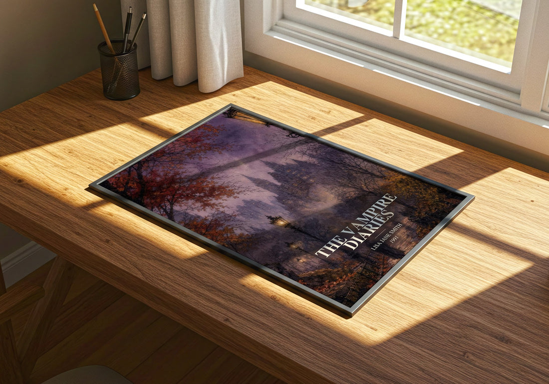 The Vampire Diaries watercolour book poster framed on wall – young adult wall art