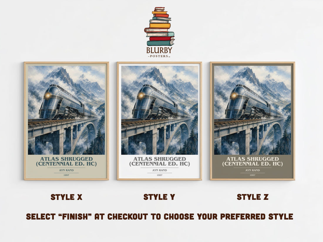 Atlas Shrugged (Centennial Ed. HC) book cover print in frame leaning in hallway – philosophy wall art (mockup)