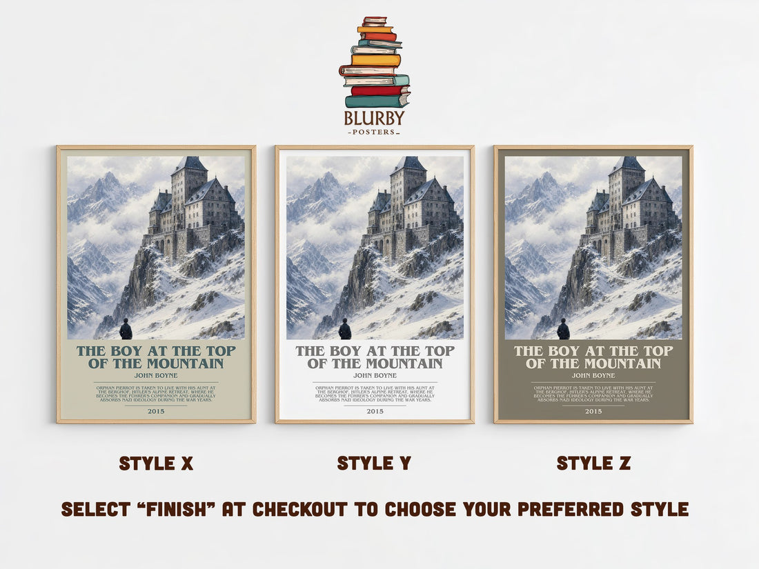 The Boy at the Top of the Mountain bookish print in frame leaning in hallway – historical fiction wall art (mockup)