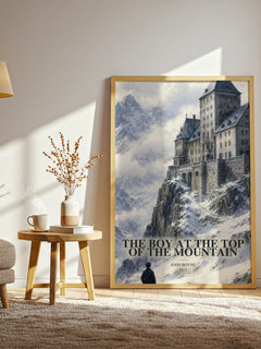 The Boy at the Top of the Mountain watercolour print in frame leaning in hallway – historical fiction wall art