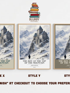 The Boy at the Top of the Mountain book cover print in frame leaning in hallway – historical fiction wall art