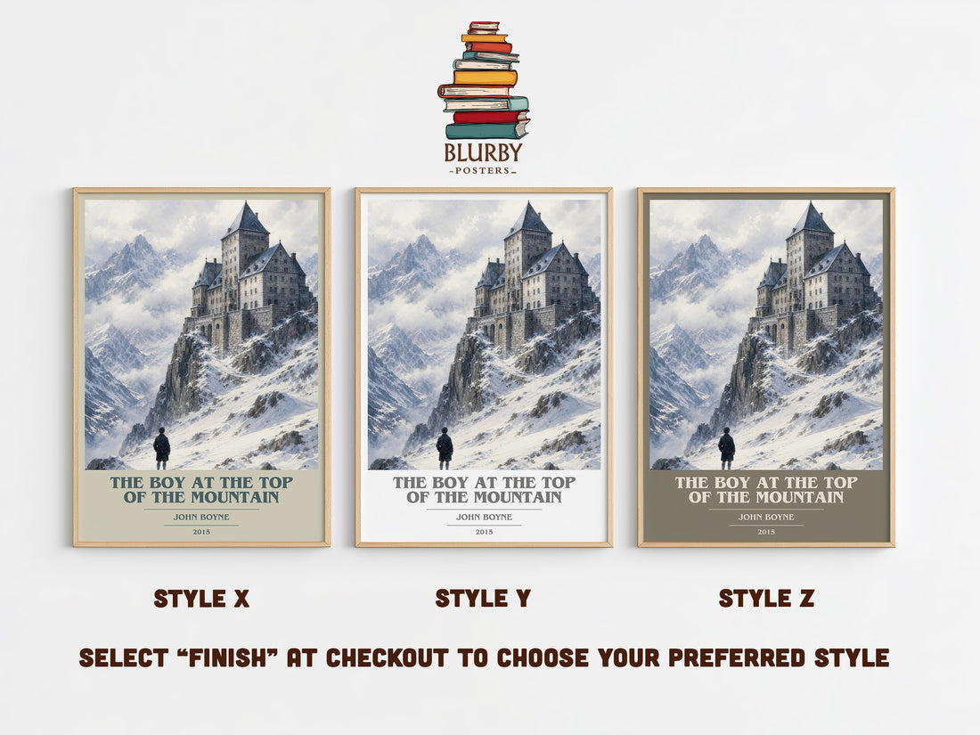 The Boy at the Top of the Mountain book cover print in frame leaning in hallway – historical fiction wall art (mockup)