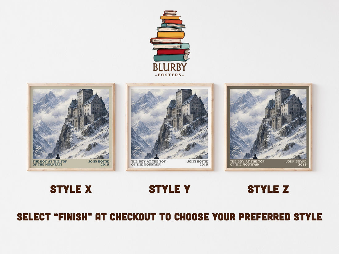 The Boy at the Top of the Mountain literary print in frame leaning in hallway – historical fiction wall art (mockup)
