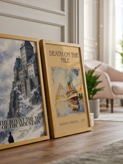 The Boy at the Top of the Mountain watercolour print framed by window – literary home decor