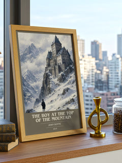 The Boy at the Top of the Mountain book cover print framed by window – literary home decor