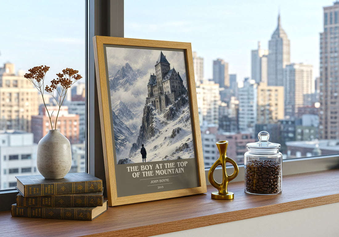 The Boy at the Top of the Mountain book cover print framed by window – literary home decor
