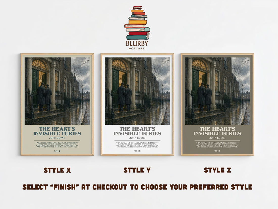 The Heart's Invisible Furies bookish print in frame leaning in hallway – contemporary fiction wall art (mockup)