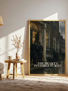 The Heart's Invisible Furies watercolour print in frame leaning in hallway – contemporary fiction wall art