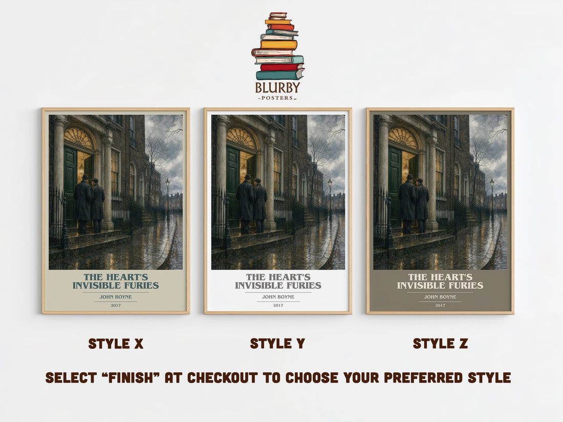 The Heart's Invisible Furies book cover print in frame leaning in hallway – contemporary fiction wall art (mockup)