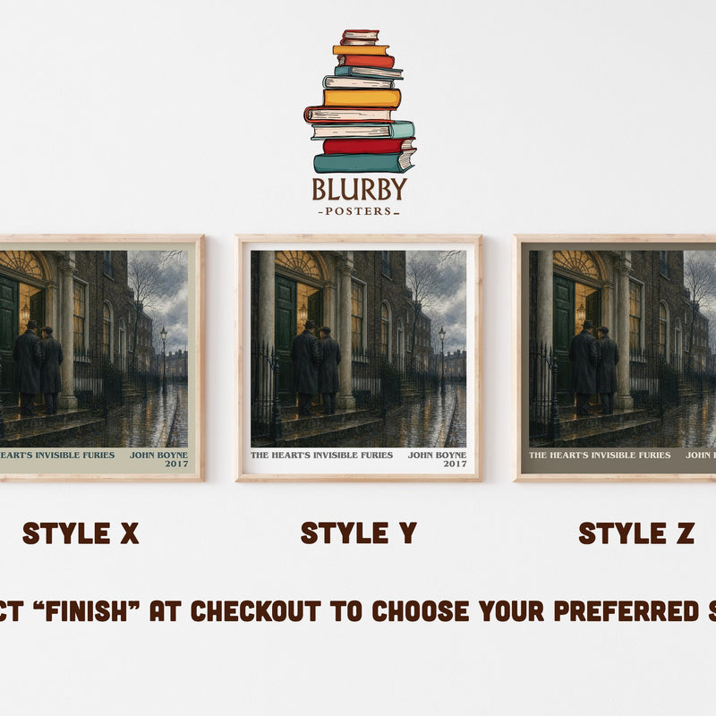 The Heart's Invisible Furies literary print in frame leaning in hallway – contemporary fiction wall art