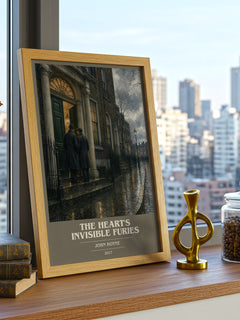 The Heart's Invisible Furies book cover print framed by window – literary home decor