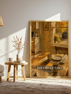 Birthday Girl watercolour print in frame leaning in hallway – romance wall art