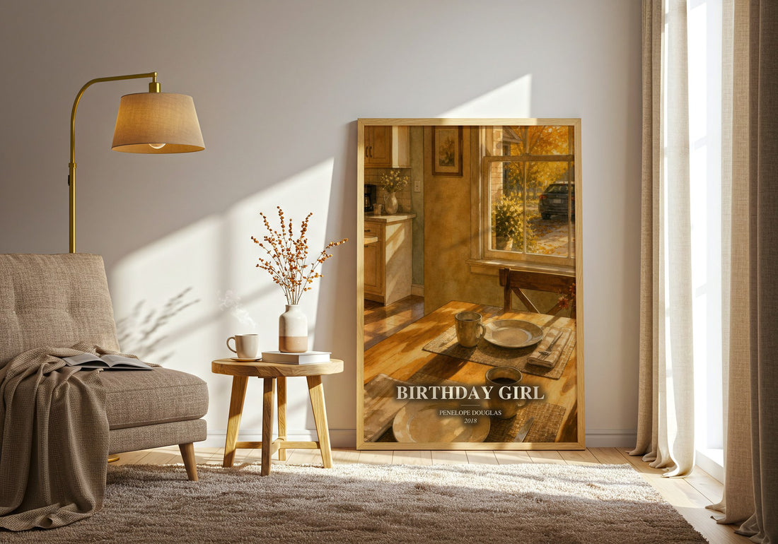 Birthday Girl watercolour print in frame leaning in hallway – romance wall art