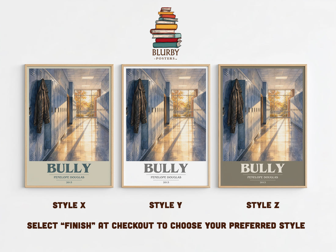 Bully book cover print in frame leaning in hallway – romance wall art (mockup)
