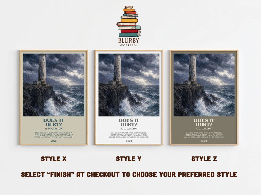 Does It Hurt? bookish print in frame leaning in hallway – contemporary fiction wall art (mockup)