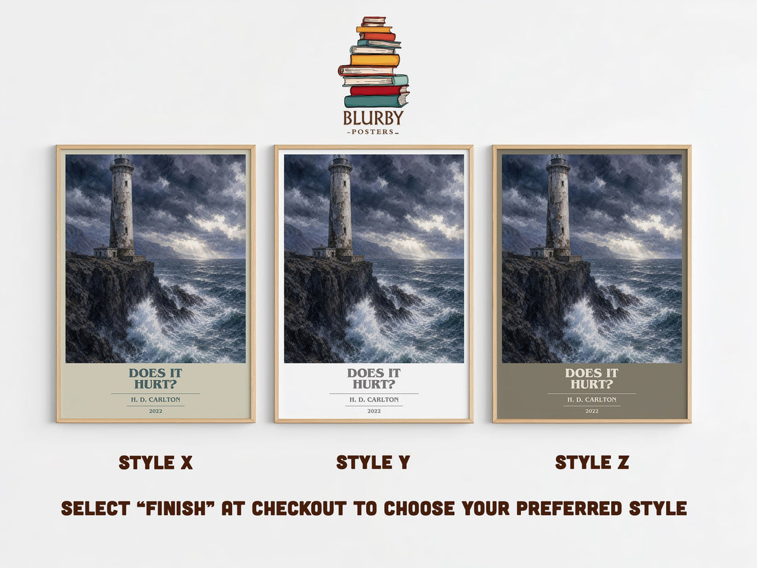 Does It Hurt? book cover print in frame leaning in hallway – contemporary fiction wall art (mockup)