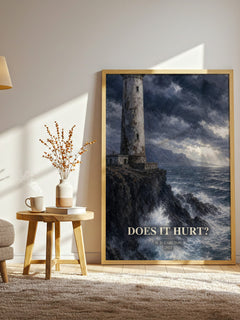 Does It Hurt? watercolour print in frame leaning in hallway – contemporary fiction wall art