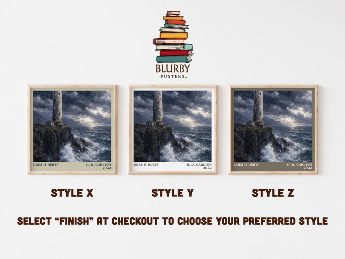 Does It Hurt? literary print in frame leaning in hallway – contemporary fiction wall art (mockup)