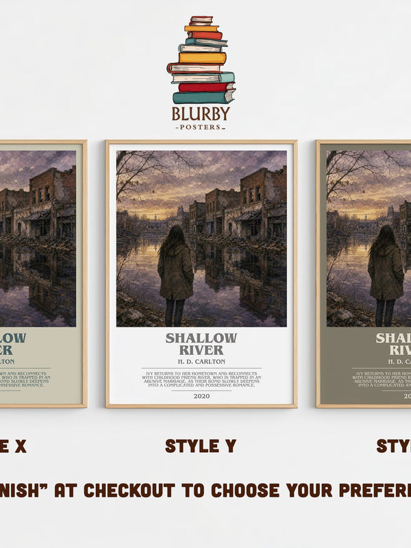 Shallow River bookish print in frame leaning in hallway – contemporary fiction wall art