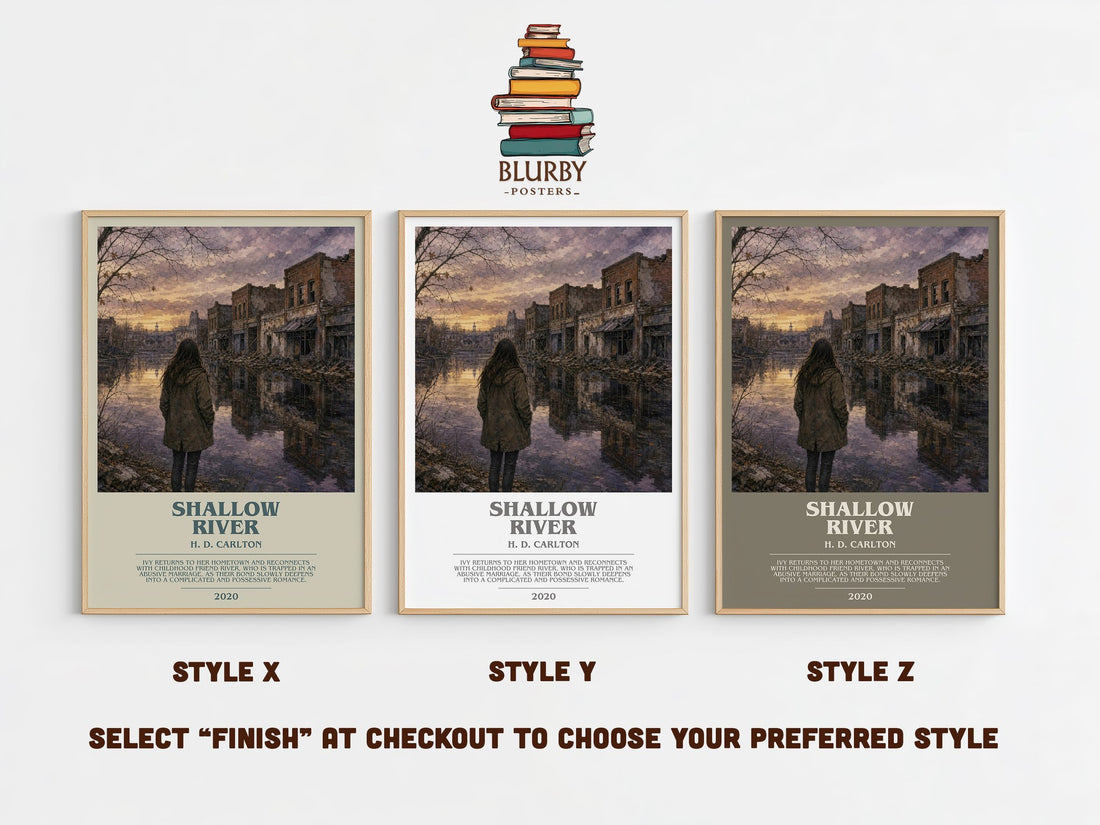 Shallow River bookish print in frame leaning in hallway – contemporary fiction wall art (mockup)